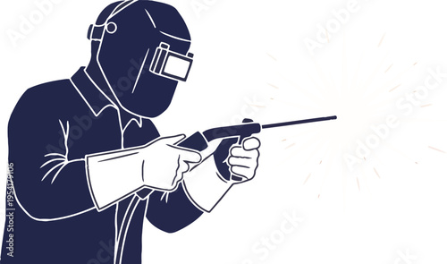 Minimalist dark blue silhouette of a professional welder with protective gear and mask working with an industrial torch for metal fabrication and construction concepts welder silhouette AI Generative
