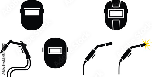 Set of professional black silhouette icons for welding including modern masks and industrial torches with a yellow spark for fabrication design welder silhouette AI Generative
