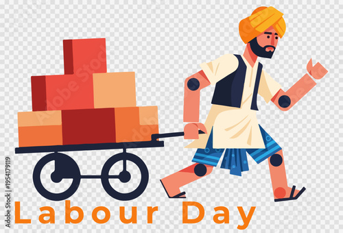 Indian Man in Turban Pulling Handcart with Boxes, Celebrating Labour Day with Hard Work and Delivery Service Concept Vector Illustration