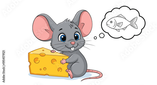 Cute grey mouse holding a large wedge of yellow swiss cheese while dreaming of a fish in a thought bubble.