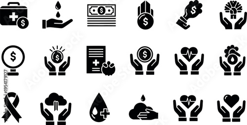 Collection of black and white icons representing charity finance and healthcare