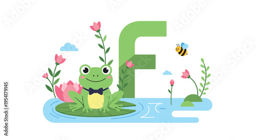 Cute green frog sitting on a lily pad in a pond next to a large letter F with flowers and a bumblebee in a natural setting.