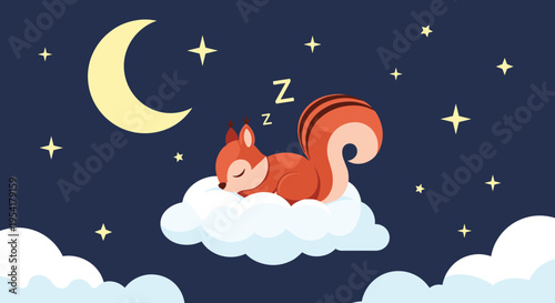 Adorable red squirrel peacefully sleeping on a soft white cloud in a starry night sky with a yellow crescent moon.