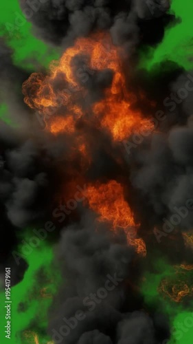 A large explosion of fire and smoke on a green background for visual effects