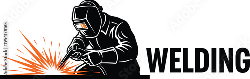 Professional black and white logo with orange sparks of a welder working on metal featuring bold WELDING text for industrial fabrication design in silhouette style AI Generative
