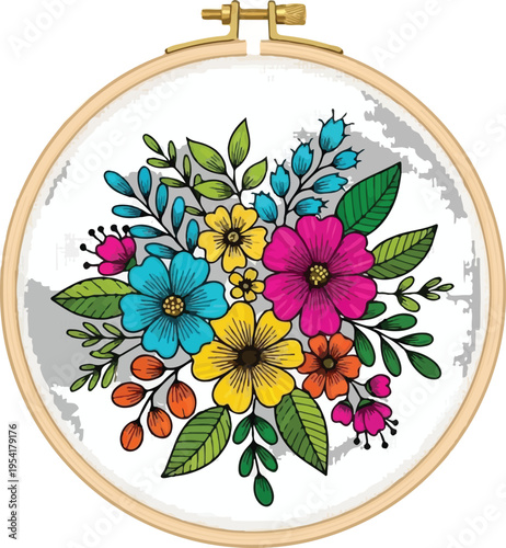 Floral embroidery design with colorful flowers in wooden hoop