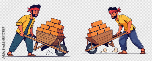 Indian construction worker pushing a wheelbarrow loaded with orange bricks, depicted in two different poses as a vector illustration set for building and labor concepts.