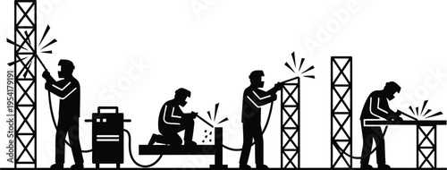 Set of minimalist black silhouettes of industrial welders performing metal fabrication and construction tasks for smart industry and engineering technology design AI circuit silhouette AI Generative
