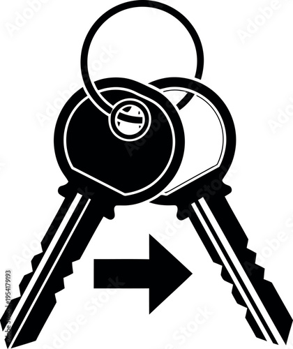 A set of keys with a keyring and an arrow pointing to the right