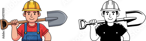 Cartoon Builder or Construction Worker with Shovel Vector Illustration Set in Color and Black & White for Industry and Labor Concepts
