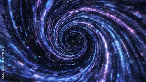 A vibrant, swirling digital spiral tunnel of purple and blue lights creating a mesmerizing abstract background for technology or futuristic designs