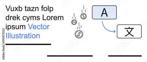 Currency exchange, financial transactions, language translation, global economy, communication, interpretation. falling coins, language boxes. Currency exchange and financial transactions