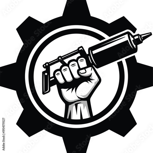Professional black and white industrial logo of a hand holding a grease gun inside a gear cog for engineering and manual labor concepts in AI circuit silhouette style AI Generative
