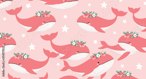 Cute seamless pattern with pink whales wearing flower crowns and white stars on a soft pastel pink background for nursery.