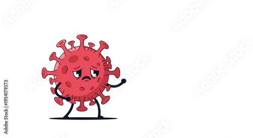 Sad red coronavirus cartoon character with expressive eyes and a downturned mouth on a plain white background for healthcare.