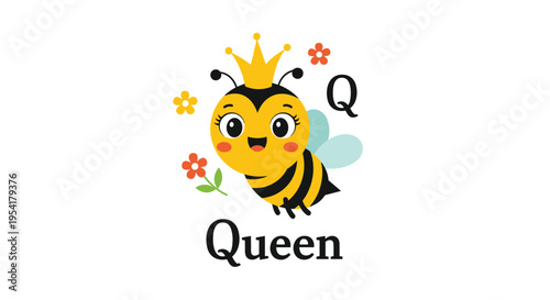 Cute cartoon bee queen wearing a golden crown surrounded by flowers and the letter Q representing the word Queen.