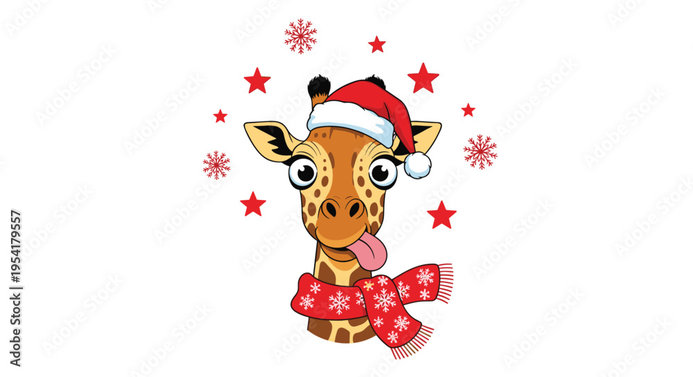 Fototapeta premium Funny giraffe head wearing a red Santa hat and a snowflake scarf with its tongue out surrounded by stars and snowflakes.