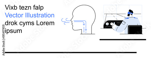 Medical science, respiratory health, human anatomy, control systems, research, technology. Diagram of breathing airflow across head and nose, technician at control panel. Respiratory health