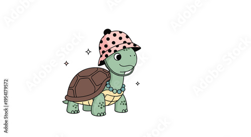 Cute green sea turtle wearing a pink spotted bucket hat and a beaded necklace walking across a plain white background.