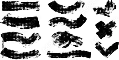 Grunge paint stripes and brayer print effects with merged black lines.
Thick rectangular callout stamps and chalk-style text boxes.