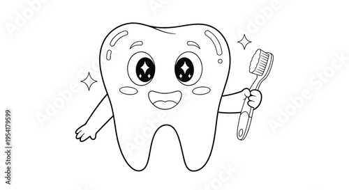 Line art illustration of a happy smiling tooth character holding a toothbrush with sparkles for a dental hygiene coloring page.
