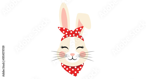 Adorable rabbit head wearing a red and white polka dot bandana and a matching headband on a plain white background.