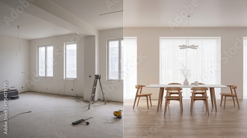Apartment renovation split screen showing construction phase and completed dining area for marketing campaigns.