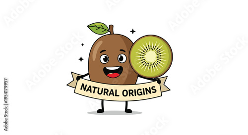 Happy cartoon kiwi fruit character holding a banner with natural origins text and displaying a fresh green slice.