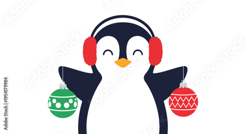 Festive cartoon penguin wearing red earmuffs and holding green and red Christmas baubles to celebrate the winter holiday.