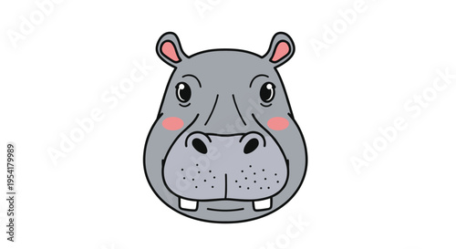 Friendly hippopotamus head illustration with pink cheeks and a gentle expression isolated on a white background.