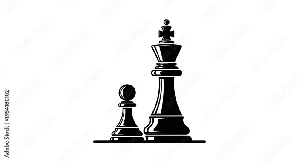Fototapeta premium Black chess king and pawn silhouettes facing forward.