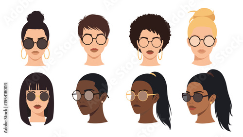 Collection of eight diverse female characters showcasing various hairstyles and fashionable glasses in a clean and modern flat design style.