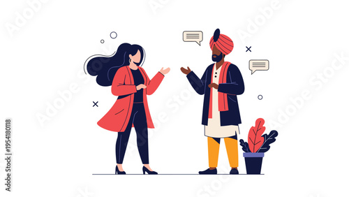 Friendly young woman and a man in a traditional turban engage in a respectful conversation with speech bubbles in a minimalist setting.