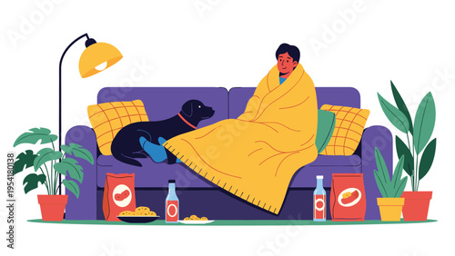 Person relaxes on a purple sofa huddled under a yellow blanket with their black dog while surrounded by snacks and drinks for movie night.