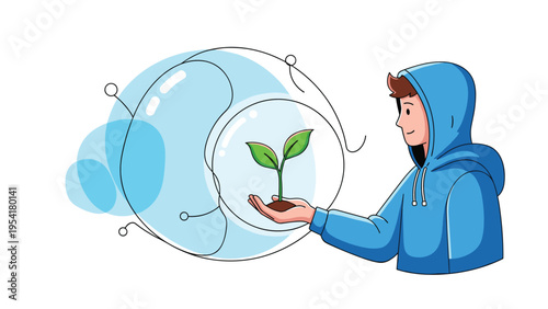 Caring young man in a blue hoodie holds a small green plant enclosed in a protective transparent bubble as a metaphor for ecology.