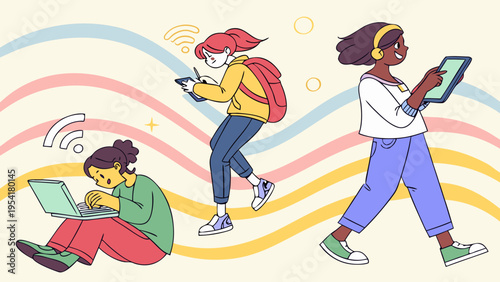 Colorful illustration of people using smartphones walking and sitting with digital connectivity social media and modern lifestyle concept