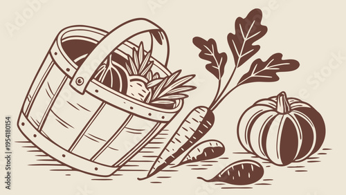 Vintage line illustration of basket with fresh vegetables carrot pumpkin and leaves representing harvest farming and organic produce concept