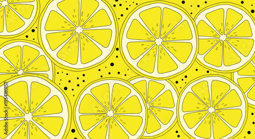 Refreshing summer pattern of bright yellow lemon slices and black dots over a vibrant yellow background for decoration.
