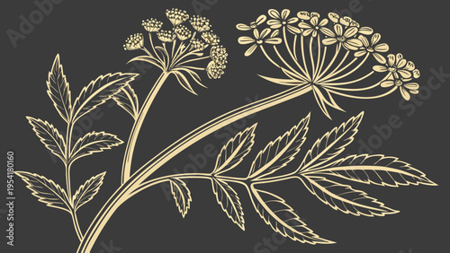Vintage botanical line illustration of flowering plant with leaves and delicate umbels on dark background representing herbal engraving and natural design