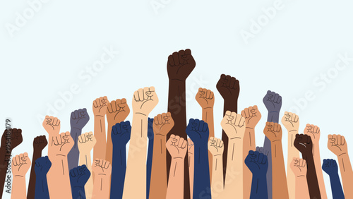 Large group of diverse hands raised in clenched fists signifying unity, protest, strength, and the collective fight for social justice.
