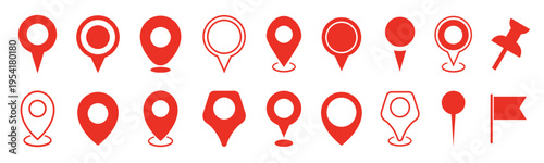 Set of red map location pins and navigation markers. Simple flat icons for GPS, travel and mobile interface