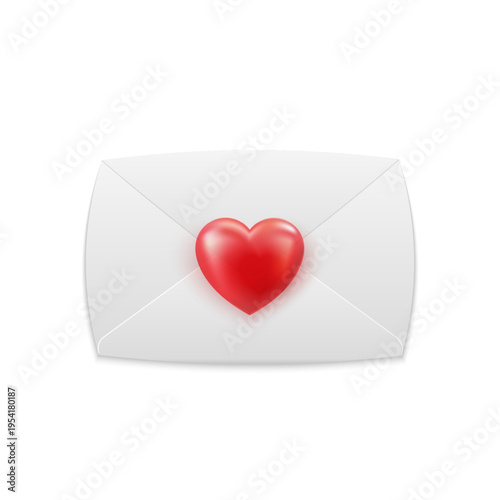 White envelope with glossy red heart symbol. Romantic love message for greeting card, wedding invitation and Valentine day