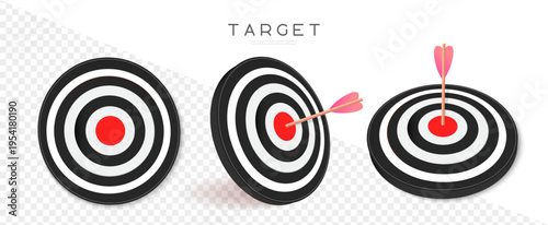 3D illustration of dartboard targets with arrows hitting the bullseye. Symbol of goal achievement, success and strategic focus