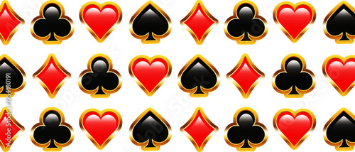 Pattern of glossy casino card suits with gold outline. Abstract background for casino, gambling and gaming design