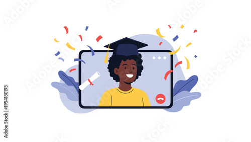 Happy graduate with a cap and gown appears on a tablet screen during a virtual graduation ceremony with colorful falling confetti.