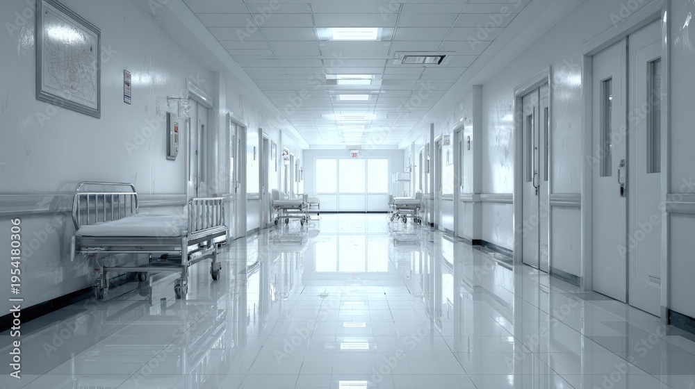 Fototapeta premium Brightly illuminated, empty interior corridor within a clinical facility featuring movable patient beds along the walls
