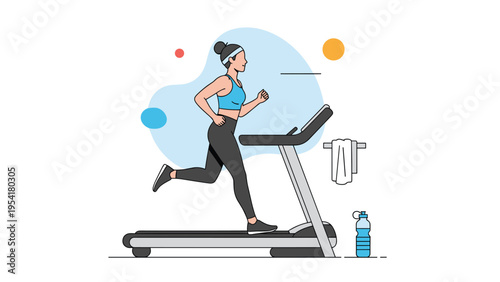 Active young woman in workout gear runs on a treadmill during her daily exercise routine in a bright and minimalist gym setting.