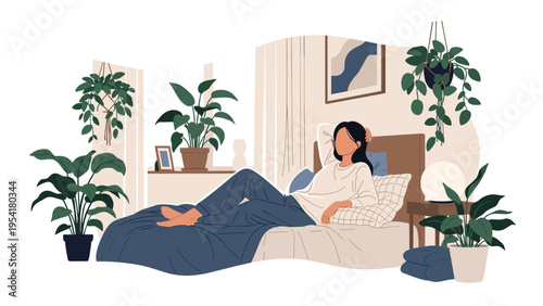 Peaceful young woman relaxes comfortably on her bed in a cozy bedroom filled with numerous green potted house plants in an urban jungle.