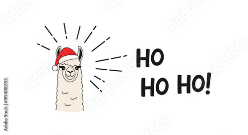 Cheerful Christmas llama wearing a red Santa hat with festive Ho Ho Ho text and sunburst lines on a white background.