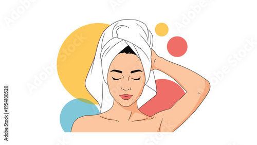 Relaxed young woman with a white towel wrapped around her hair keeps her eyes closed against a colorful abstract circle background.